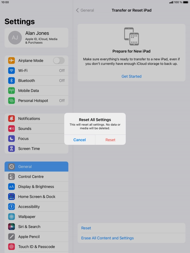 Press Reset. Wait a moment while the factory default settings are restored. Follow the instructions on the screen to set up your tablet and prepare it for use.