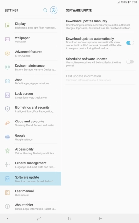 Press Download updates manually. If a new software version is available, it's displayed. Follow the instructions on the screen to update the tablet software.