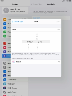 Set the required time limit for use of the selected category.