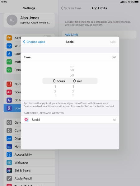 Set the required time limit for use of the selected category.