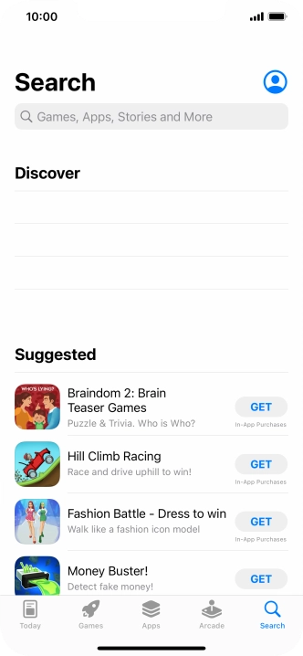 Press the search field and key in the name or subject of the required app.