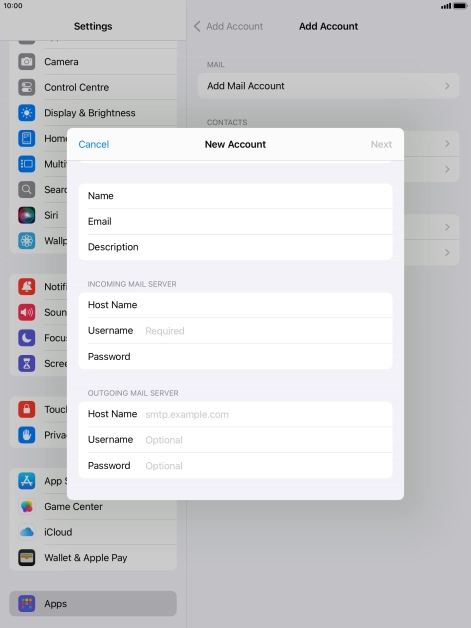 Press Username and key in the username for your email account.