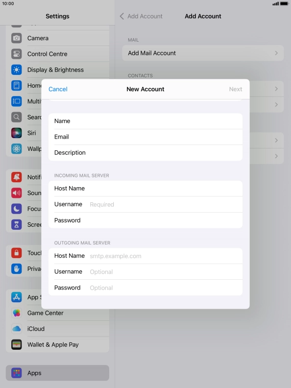 Press Username and key in the username for your email account.