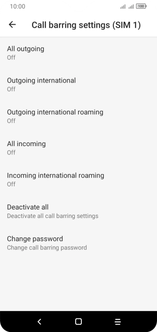 Press the required barring type to turn the function on or off.
