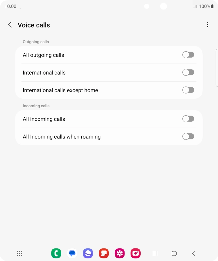 Press the indicator next to the required barring type to turn the function on or off.