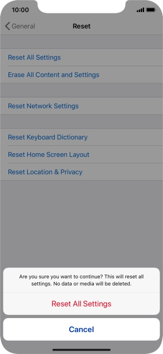 Press Reset All Settings. Wait a moment while the factory default settings are restored. Follow the instructions on the screen to set up your phone and prepare it for use.