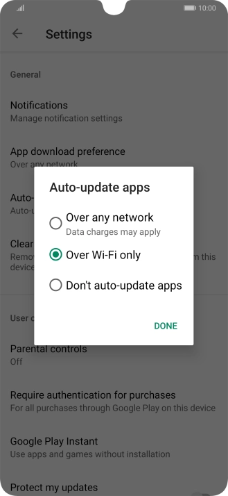 To turn on automatic update of apps using mobile network, press Over any network.