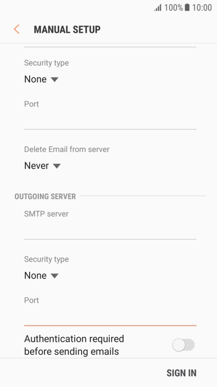 Press Authentication required before sending emails to turn the function on or off. Please note that if you're using Vodafone's outgoing server, turn off SMTP authentication and leave the username and password fields empty.