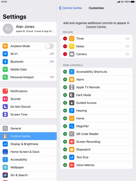 Press the delete icon next to the required function to remove it from Control Centre.