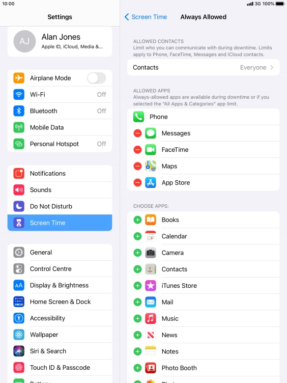 Press the remove icon next to the required app to remove it from the list of allowed apps during Downtime.