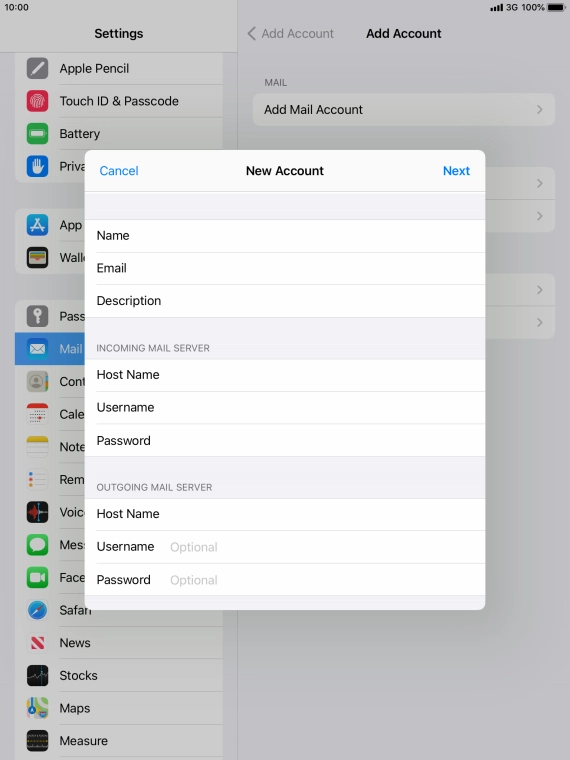 Press Username and key in the username for your email account.