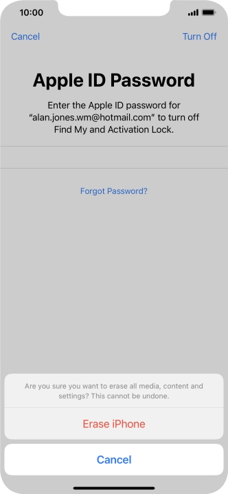 Key in the password for your Apple ID and press Erase iPhone. Wait a moment while the factory default settings are restored. Follow the instructions on the screen to set up your phone and prepare it for use.