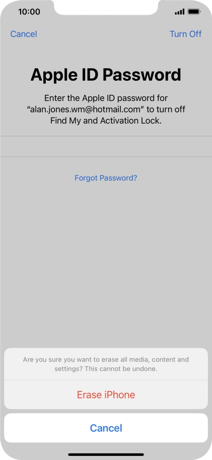 Key in the password for your Apple ID and press Erase iPhone. Wait a moment while the factory default settings are restored. Follow the instructions on the screen to set up your phone and prepare it for use.