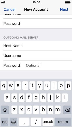 Press Password and key in the password for your email account. Please note that if you're using Vodafone's outgoing server, leave the password field empty.