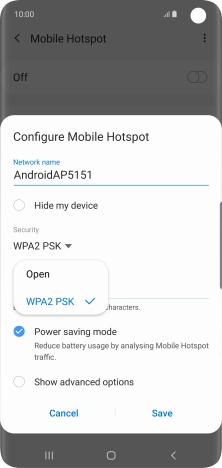 Press WPA2 PSK to password protect your Wi-Fi hotspot.