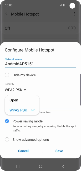 Press WPA2 PSK to password protect your Wi-Fi hotspot.