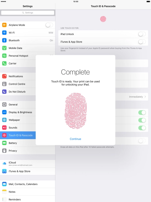 Press Continue. If you haven't previously selected a lock code, key in a code of your own choice twice.
