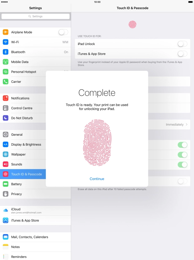 Press Continue. If you haven't previously selected a lock code, key in a code of your own choice twice.