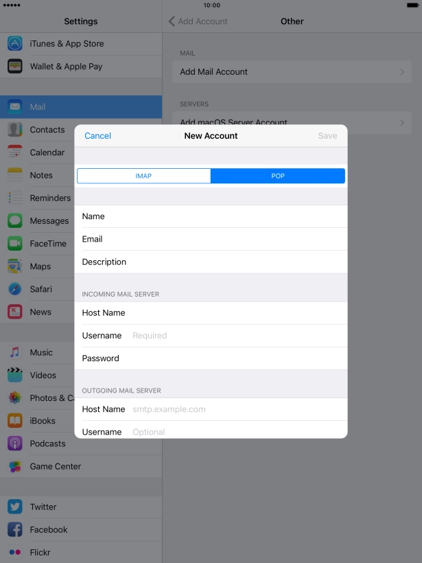 Press Username and key in the username for your email account.
