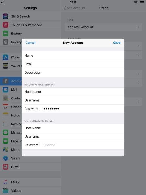 Press Password and key in the password for your email account. Please note that if you're using Vodafone's outgoing server, leave the password field empty.