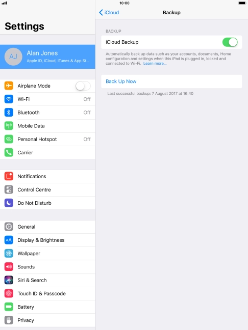 Press Back Up Now and wait while the tablet memory is backed up.