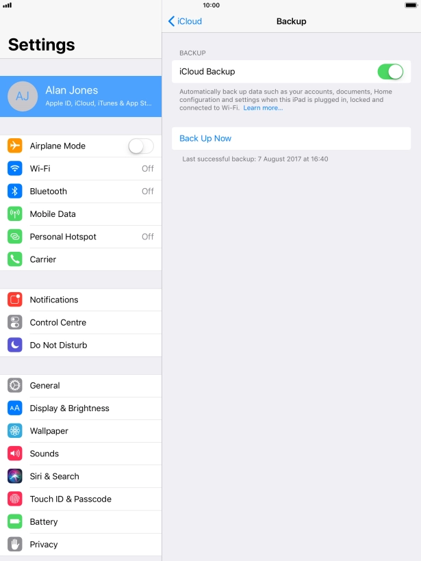 Press Back Up Now and wait while the tablet memory is backed up.