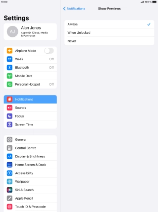 To select notification preview on the lock screen, press Always.