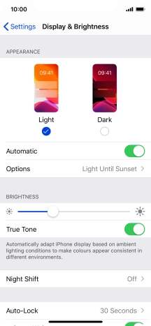 If you turn on the function, press Options and follow the instructions on the screen to select the required period of time for Dark Mode.