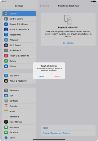 Press Reset. Wait a moment while the factory default settings are restored. Follow the instructions on the screen to set up your tablet and prepare it for use.