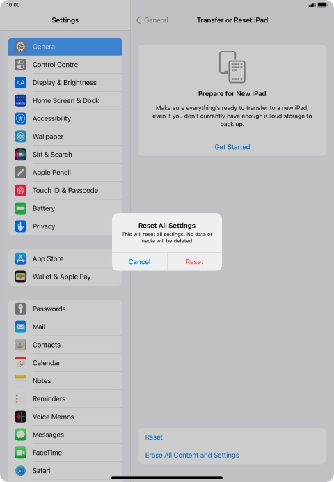 Press Reset. Wait a moment while the factory default settings are restored. Follow the instructions on the screen to set up your tablet and prepare it for use.
