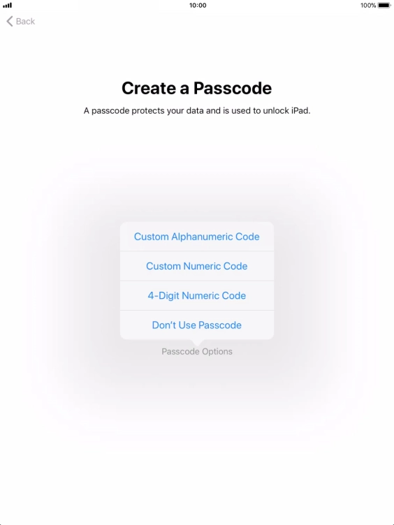 Follow the instructions on the screen to turn on use of lock code or press Don't Use Passcode.