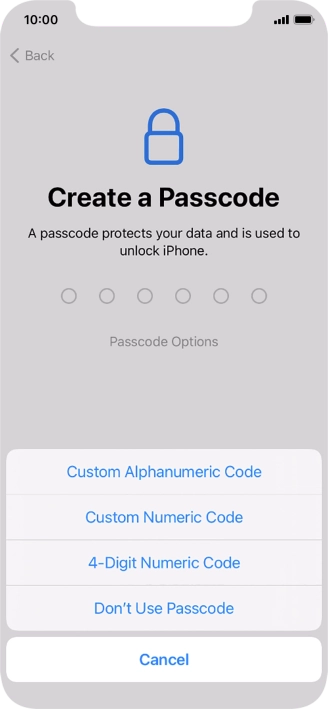 Follow the instructions on the screen to turn on use of phone lock code or press Don't Use Passcode.