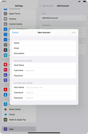 Press Username and key in the username for your email account.