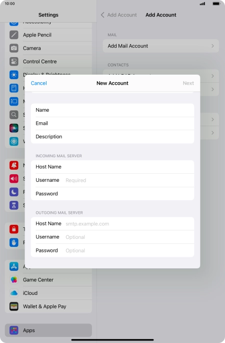Press Username and key in the username for your email account.