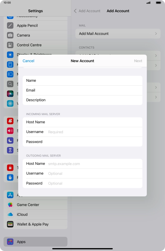 Press Username and key in the username for your email account.