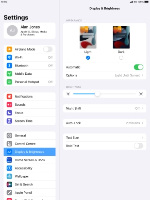 If you turn on the function, press Options and follow the instructions on the screen to select the required period of time for Dark Mode.