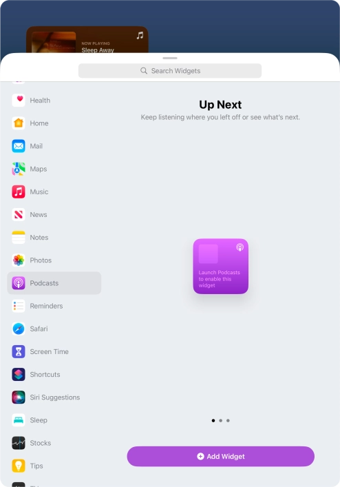 Slide your finger right or left on the screen to select the required widget size.