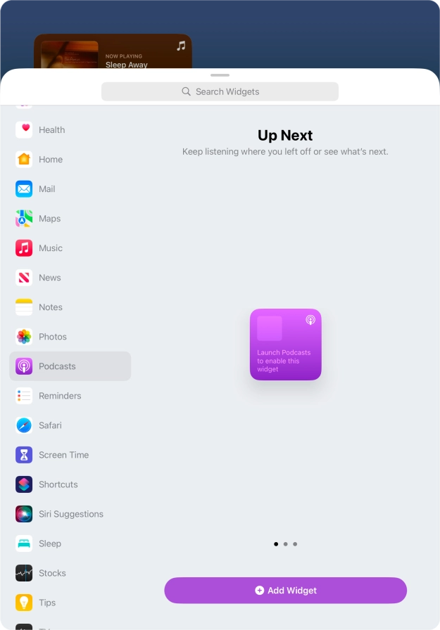 Slide your finger right or left on the screen to select the required widget size.