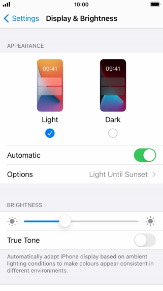 If you turn on the function, press Options and follow the instructions on the screen to select the required period of time for Dark Mode.