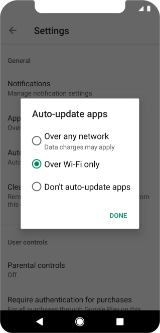 To turn on automatic update of apps using mobile network, press Over any network.
