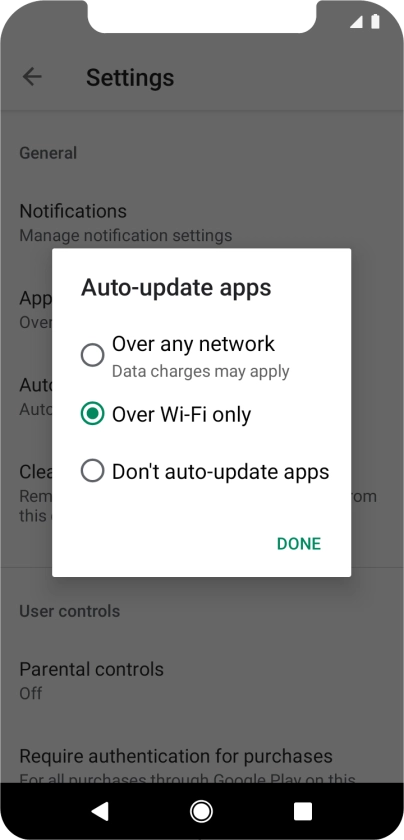 To turn on automatic update of apps using mobile network, press Over any network.