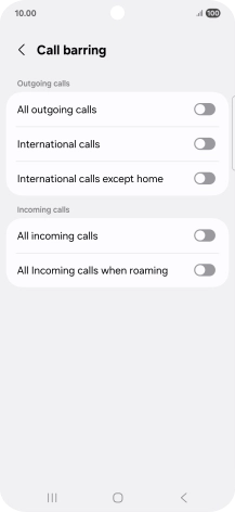 Press the indicator next to the required barring type to turn the function on or off.