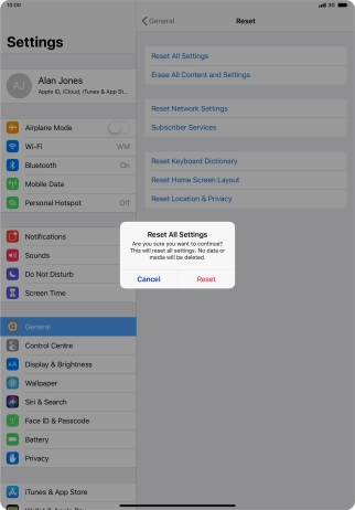 Press Reset. Wait a moment while the factory default settings are restored. Follow the instructions on the screen to set up your tablet and prepare it for use.