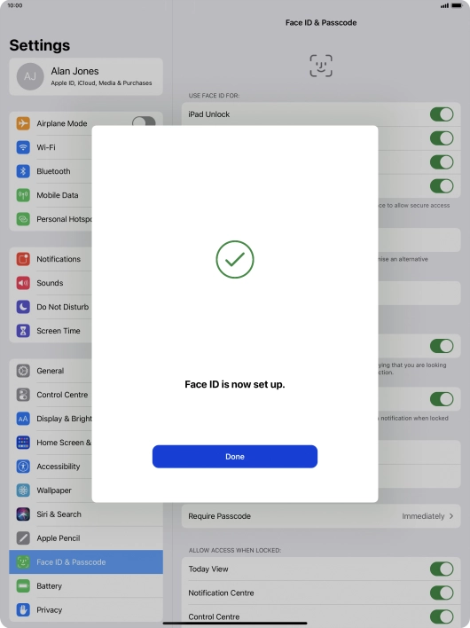 Press Done. If you haven't previously selected a lock code, key in a code of your own choice twice.