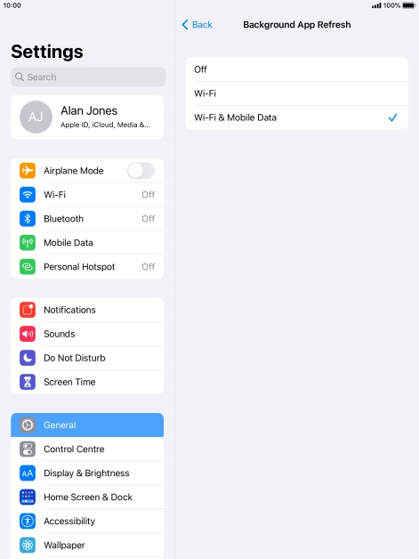 To turn off background refresh of apps, press Off.