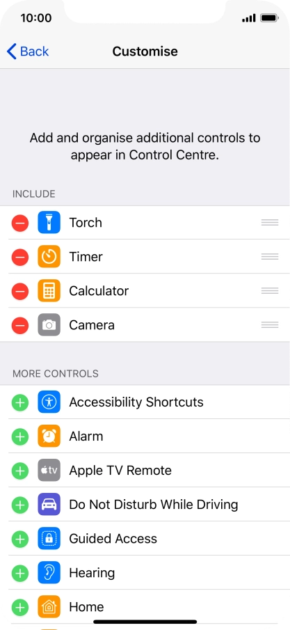 Press the delete icon next to the required function to remove it from Control Centre.