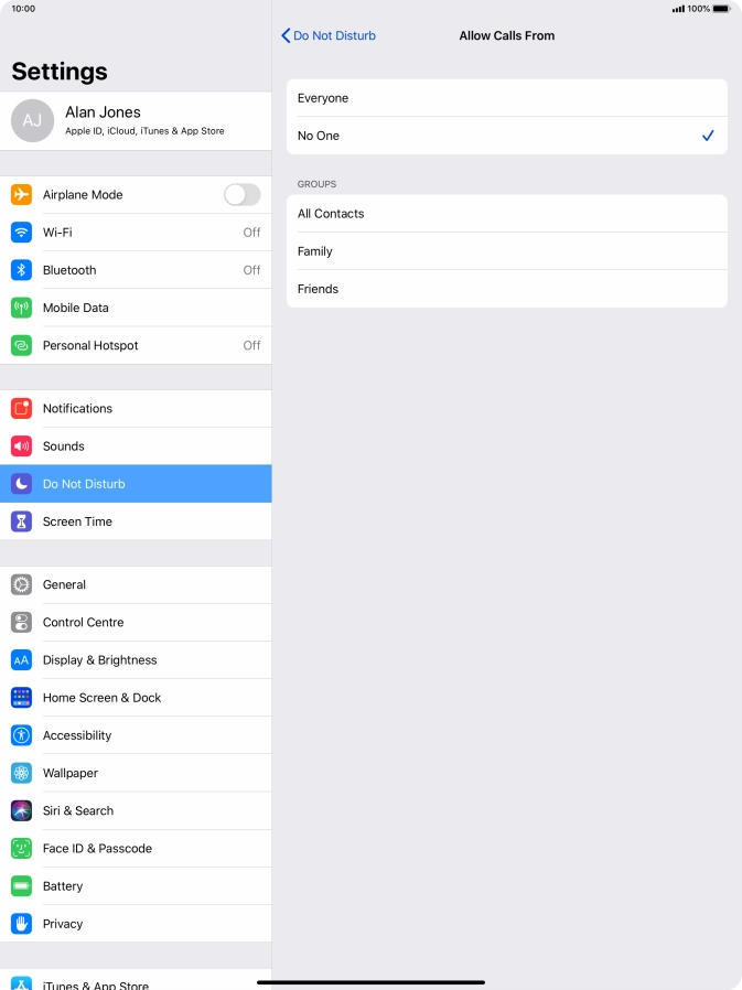 Press the required setting to select which contacts can call you even though Do Not Disturb is turned on.