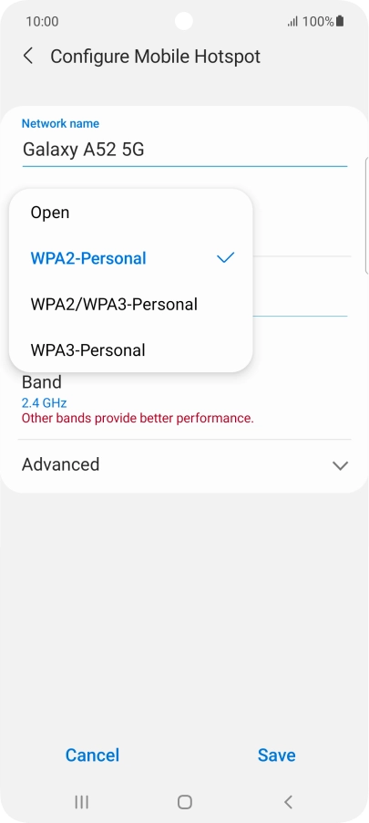 Press WPA3-Personal to password protect your Wi-Fi hotspot.