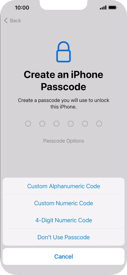 Follow the instructions on the screen to turn on use of phone lock code or press Don't Use Passcode.