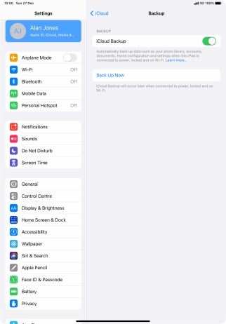 Press Back Up Now and wait while the tablet memory is backed up.